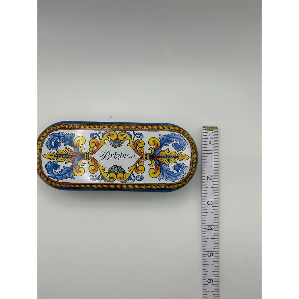 Brighton Hard Shell Sunglasses Case Blue Yellow Floral Scroll Metal Tin Eyewear